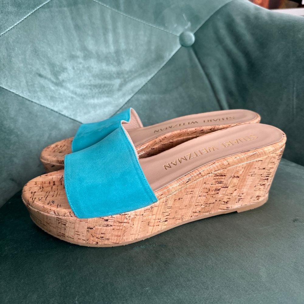 New Stuart Weitzman Turquoise Wedge slide Sandals 8